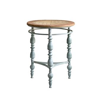 KWPZQEB French Rustic Wooden Carved Round End Table with Metal Leg, Blue