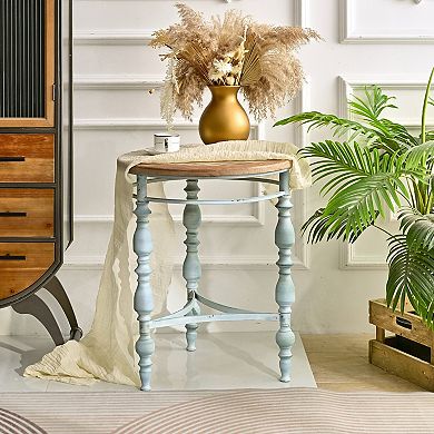 KWPZQEB French Rustic Wooden Carved Round End Table with Metal Leg, Blue