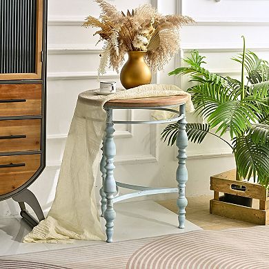 KWPZQEB French Rustic Wooden Carved Round End Table with Metal Leg, Blue