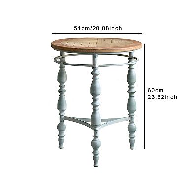 KWPZQEB French Rustic Wooden Carved Round End Table with Metal Leg, Blue