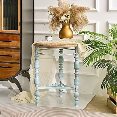 KWPZQEB French Rustic Wooden Carved Round End Table with Metal Leg, Blue