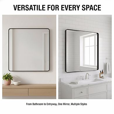 30x30 Matte Black Metal Framed Bathroom Mirror, Farmhouse Rounded Rectangle, Anti-Rust