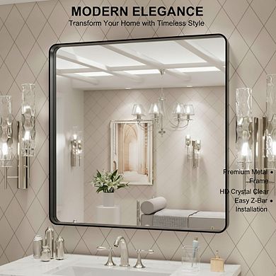 30x30 Matte Black Metal Framed Bathroom Mirror, Farmhouse Rounded Rectangle, Anti-Rust