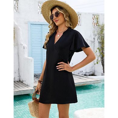 Women's Short Sleeve Mini Dress Split Neck Flowy Ruffle Cuff Wrap Front Casual Shift Dresses