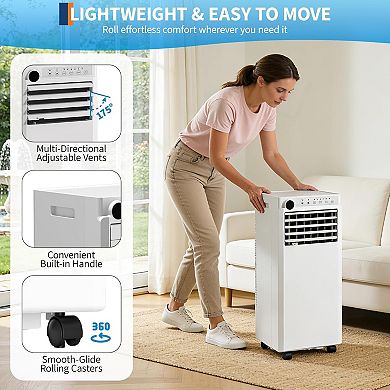 8000 BTU 3-in-1 portable AC, cools 350 sq.ft, remote, timer, window kit.