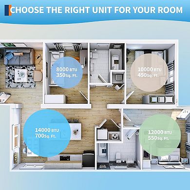 8000 BTU 3-in-1 portable AC, cools 350 sq.ft, remote, timer, window kit.