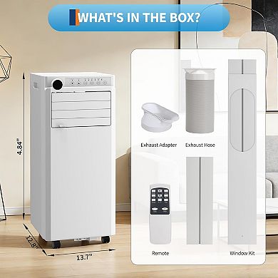 8000 BTU 3-in-1 portable AC, cools 350 sq.ft, remote, timer, window kit.