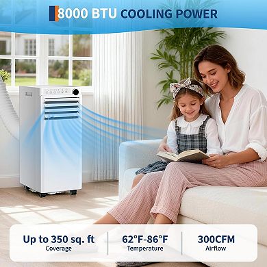 8000 BTU 3-in-1 portable AC, cools 350 sq.ft, remote, timer, window kit.