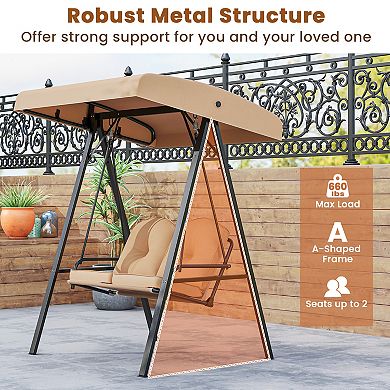 2 Person Porch Swing With Adjustable Canopy And Metal Stand