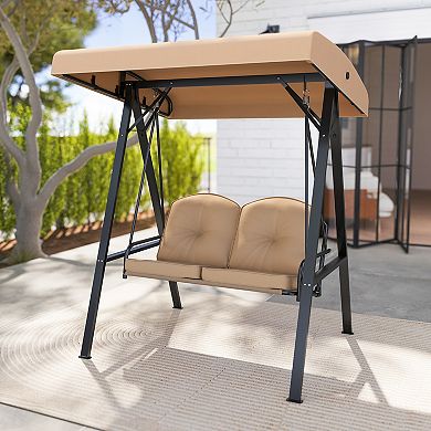 2 Person Porch Swing With Adjustable Canopy And Metal Stand