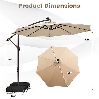 10 Ft Cantilever Patio Umbrella With Solar LED Lights And 360 Degree Rotation