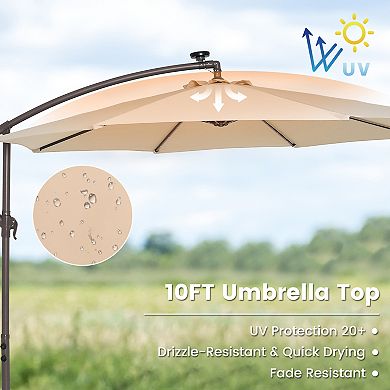 10 Ft Cantilever Patio Umbrella With Solar LED Lights And 360 Degree Rotation