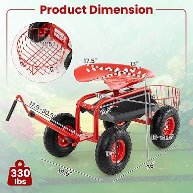 Rolling Garden Cart With Swivel Seat And Extendable Handle