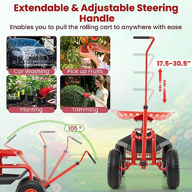 Rolling Garden Cart With Swivel Seat And Extendable Handle
