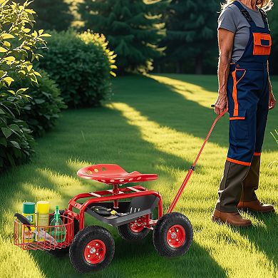 Rolling Garden Cart With Swivel Seat And Extendable Handle
