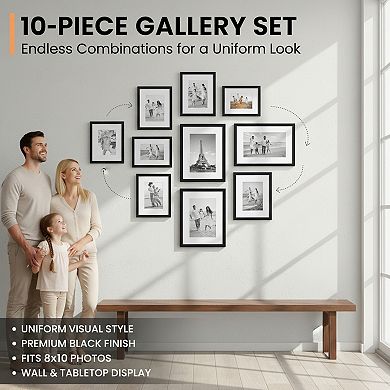 Picture Frame Set of 10 for 8x10 Photos with Mat for 5x7