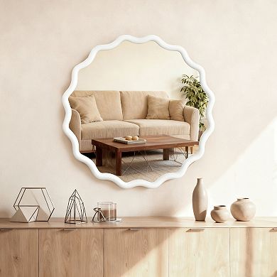 KWPZQEB 30 Inch Wavy Round Solid Wood Frame Decorative Mirror for Entryway, Bathroom