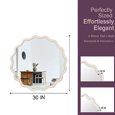 KWPZQEB 30 Inch Wavy Round Solid Wood Frame Decorative Mirror for Entryway, Bathroom