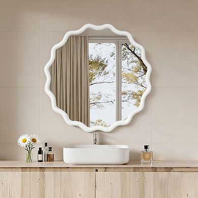 KWPZQEB 30 Inch Wavy Round Solid Wood Frame Decorative Mirror for Entryway, Bathroom