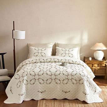 Marcielo 3 pc Cotton French Country Floral Quilt Bedspread Set Cottagecore Style