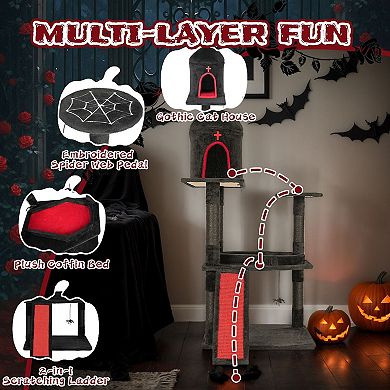 Multi-Level Cat Tree with Coffin Bed, Condo, Scratch Board and Hanging Toys