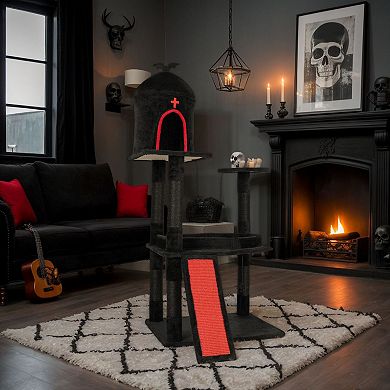 Multi-Level Cat Tree with Coffin Bed, Condo, Scratch Board and Hanging Toys