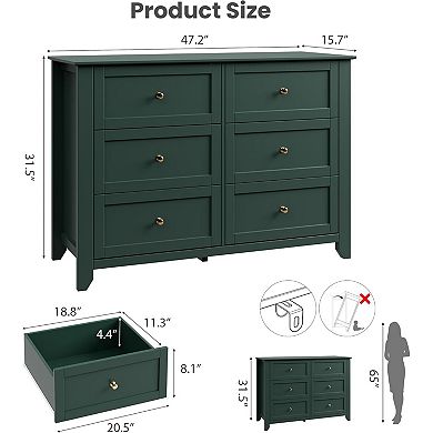 Modern 6-Drawer Double Dresser, Framed Wooden Storage Cabinet with Metal Knobs for Bedroom
