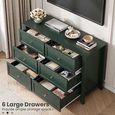 Modern 6-Drawer Double Dresser, Framed Wooden Storage Cabinet with Metal Knobs for Bedroom