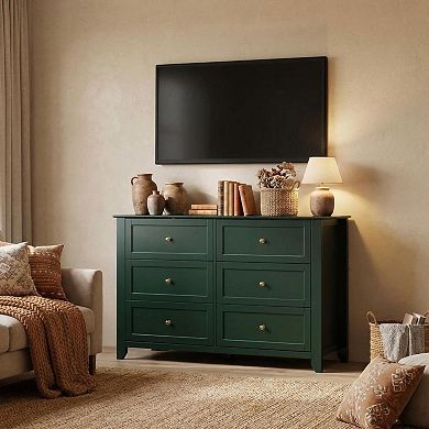 Modern 6-Drawer Double Dresser, Framed Wooden Storage Cabinet with Metal Knobs for Bedroom