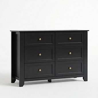 Modern 6-Drawer Double Dresser, Framed Wooden Storage Cabinet with Metal Knobs for Bedroom