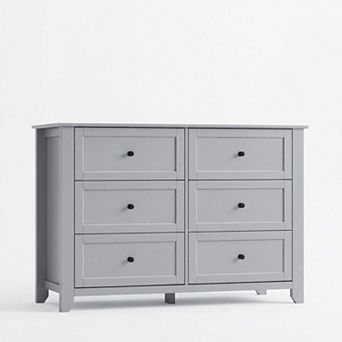 Modern 6-Drawer Double Dresser, Framed Wooden Storage Cabinet with Metal Knobs for Bedroom
