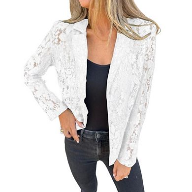 Women's Notched Lapel Sheer Lace Jacket Long Sleeve Open Front Casual Elegant Blazer