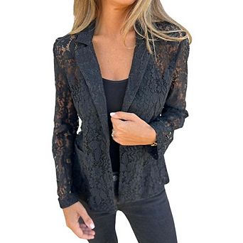 Women's Notched Lapel Sheer Lace Jacket Long Sleeve Open Front Casual Elegant Blazer