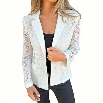 Women's Notched Lapel Sheer Lace Jacket Long Sleeve Open Front Casual Elegant Blazer