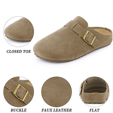 Women's Suede Clogs Cork Platform Mules with Buckle Slip on Slippers