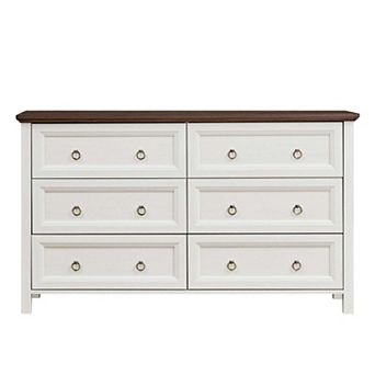 Farmhouse 6 Drawer Dresser 54 Inch Wide Rustic Double Dresser for Bedroom with Barn Door Style