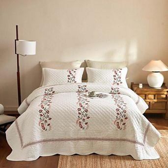 Marcielo 3 pc Cotton European Folk Embroidered Quilt Bedspread Set Modern Farmhouse Style