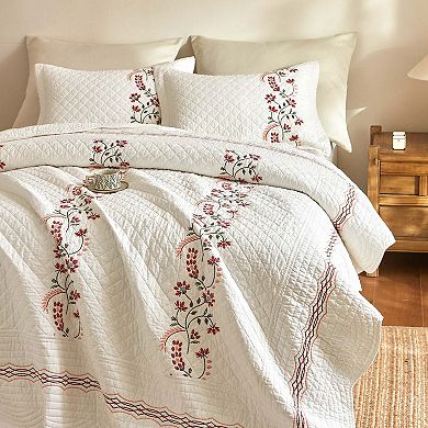 Marcielo 3Pcs Cotton European Folk Embroidered Quilt Bedspread Set Modern Farmhouse Style