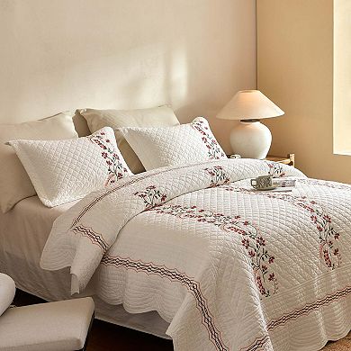 Marcielo 3Pcs Cotton European Folk Embroidered Quilt Bedspread Set Modern Farmhouse Style