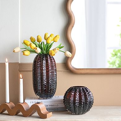 6x11" Textured Cylindrical Glass Vase with Amber Finish