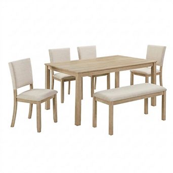 GOMYHOME 6 pc Dining Table Set with Bench, Light Oak Wood Kitchen Table and 4 Upholstered Chairs