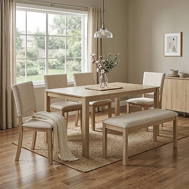 GOMYHOME 6-Piece Dining Table Set with Bench, Light Oak Wood Kitchen Table and 4 Upholstered Chairs
