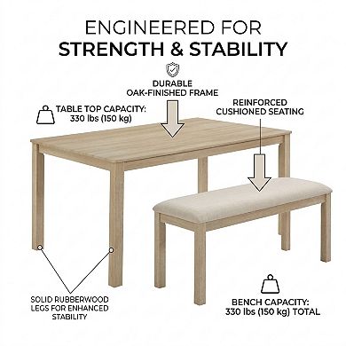 GOMYHOME 6-Piece Dining Table Set with Bench, Light Oak Wood Kitchen Table and 4 Upholstered Chairs