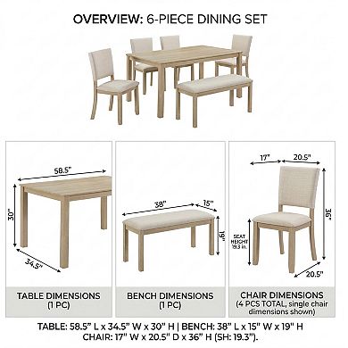 GOMYHOME 6-Piece Dining Table Set with Bench, Light Oak Wood Kitchen Table and 4 Upholstered Chairs