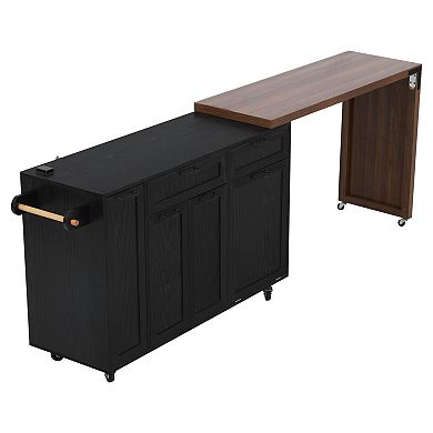 Pnronnc Rolling Kitchen Dining Table with 3-Tier Pull-Out Spice Rack, Trash Cabinet