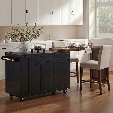 Pnronnc Rolling Kitchen Dining Table with 3-Tier Pull-Out Spice Rack, Trash Cabinet