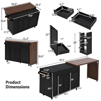 Pnronnc Rolling Kitchen Dining Table with 3-Tier Pull-Out Spice Rack, Trash Cabinet