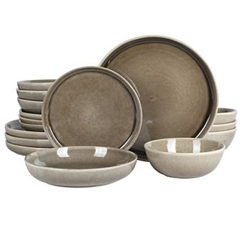 Gibson Elite Berea 16 pc Plates and Bowls Reactive Glaze Round Dishes Stoneware Dinnerware Set