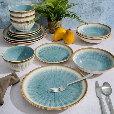 Gibson Elite Mayfair Bay 16pc Double Bowl Embossed Reactive Dinnerware Set