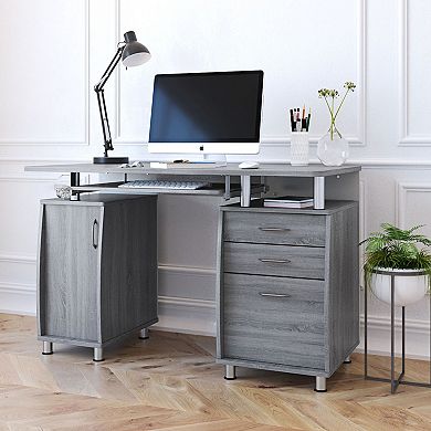 Workstation Desk with Slide-Out Keyboard, Storage Drawers, and CPU Cabinet - Grey